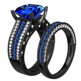 Juego de anillos de boda de lujo chapado en oro negro para mujer, corte princesa 8 mm azul CZ Azul