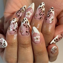 Leopard French Tip Press on Nails Medium Almond Fake Nails Cute Flower Stick on Nails with Rhinestones Design Full Cover Spring False Nails Reusable Gem Glossy Acrylic Nails for Women Manicure 24Pcs