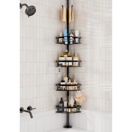 cutefafa Rustproof Corner Shower Caddy Freestanding Tension Pole, 4 Large Baskets for Bathtub Shampoo Storage Organizer Bathroom Height Adjustable Shelves from 23.6 to 114.5 Inch with Towel Bar