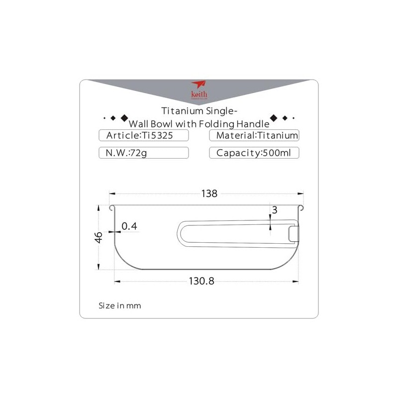 Keith Ti5325 Titanium Bowl with Folding Handle