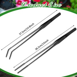 Lasnten 2 Pcs Extra Long Stainless Steel Reptile Feeding Tongs with Rubber Tip Bearded Dragon Aquarium Straight and Curved Long Tweezer Terrarium Feeder Tool for Tank(Black, 15 Inch)