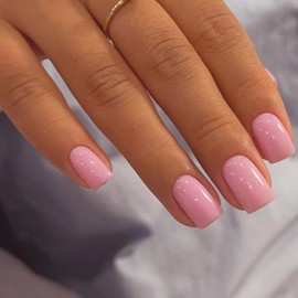 Bellelfin 240pcs Short Press on Nails Full Cover Short Square Glossy Pink Fake Nails Acrylic False Nail Tips with 5 Sheets Adhesive Glue Tabs for Women and Girls Nail Art Manicure