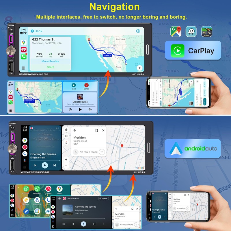 6.9" Single DIN Car Radio with Wireless Apple CarPlay, Car