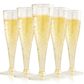 FOCUSLINE 100 Pack Plastic Champagne Flutes, 4.5 Oz Gold Glitter Plastic Champagne Glasses, Disposable Clear Toasting Glasses Recyclable Plastic Champagne Cups for Wedding Party