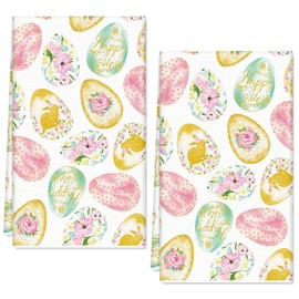 FYSUIMU 2Pcs Easter Kitchen Towel Colorful Egg Bunny Floral Dish Towels 18 x 28 Inch Hand Drying Tea Towel for Spring Holiday Farmhouse Cooking Baking Cleaning