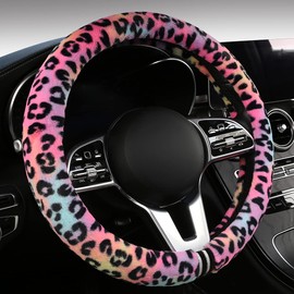 SOBONITO Cheetah Print Steering Wheel Cover,Fuzzy Leopard Veins,Anti-Slip,Breathable,Universal 15.2",Colorful (Plush-Leo)