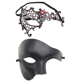 Coolwife Masquerade Mask Vintage Phantom Of The Opera One Eyed Half Face Costume (Couple A Red)
