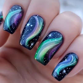 Square Press on Nails Medium Fake Nails with Designs Starry Sky Glue on Nails Stars False Nails Green Acrylic Nails Glossy Artificial Nails Full Cover Stick on Nails for Women 24Pcs