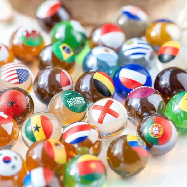 MARBLEFLAGS 32 Childrens Glass Marbles with Flags of the World of Football 16mm Ideal for Marble Courses and Marble Races