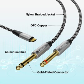 USB C to Dual 6.35mm Stereo Audio Cable 6 FT, USB Type-C to 1/4 inch TS Stereo Splitter Y Cable, Gold-Plated Connector, Nylon Braided Jacket, for Smartphone, Tablet, Laptop, Amplifier, Mixer, Speaker