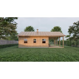 Generic 24x24 Tiny Home Cabin Building Plans - 2 Bedrooms, Living Room, Kitchen, Bath, Porch & Carport - Drawings