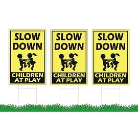Street Safety Signs with Stakes 12x8 Inch - Attention Kids Playing Road Sign Double Sided - Caution and Slow Kids Playing Standing Sign - Drive Like Your Kids Live Here - Kids in Play Safety Signs