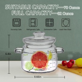 Jjojcll 2.3L(75oz) Glass Cooking Pot with Lid,Handmade Borosilicate Glass Stockpot with Graduations - Glass Saucepan with Cover for Cooking and Serving,Anchor Hocking Glass Pot