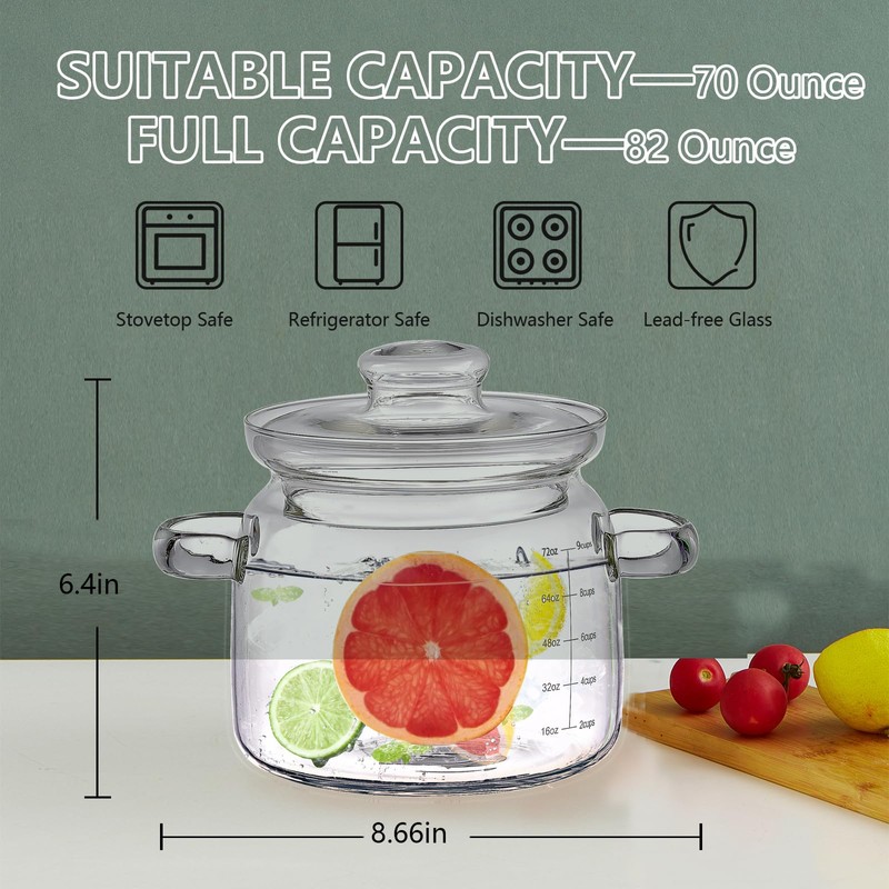 Jjojcll 2.3L(75oz) Glass Cooking Pot with Lid,Handmade Borosilicate Glass Stockpot