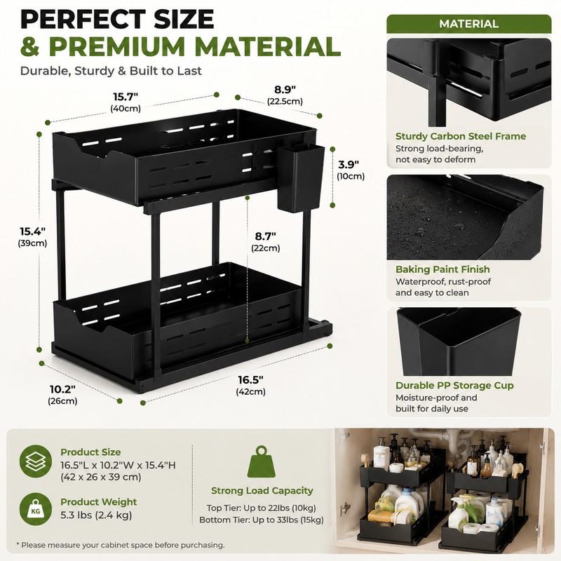 2-Tier Pull-Out Under Sink Organizer for Kitchen & Bathroom Storage