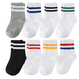 CHUNG Toddler Boys Girls Kids Athletic Cotton Basic Crew Socks with Retro Stripes Autumn School Uniform Casual Sports Running,8Stripes,3-5Y