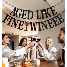 Aged Like Fine Wine Banner, Wine Birthday Party Decorations, Aged to Perfection, Man Woman 40th/50th/55th/60th Birthday Party Decoration Supplies Black & Red Glitter