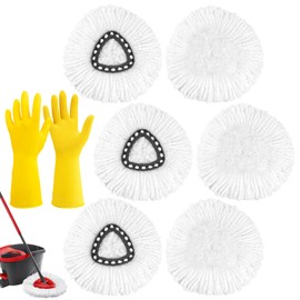 6 Pack Spin Mop Replacement Heads with Gloves, Compatible with O-Ceda EasyWring 1 Tank System Microfiber Mop Replace Head Refills, Deep Cleaning Spin Mop Heads Replace Reusable for wood Floors (White)