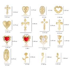 128Pcs Gold Nail Charms Set with Gold Nail Gems, Gold Rose, Hearts, Gold Cross Nail Charms and Virgin Mary Nail Charms - Y2K 3D Chrome Nail Charma Decorations
