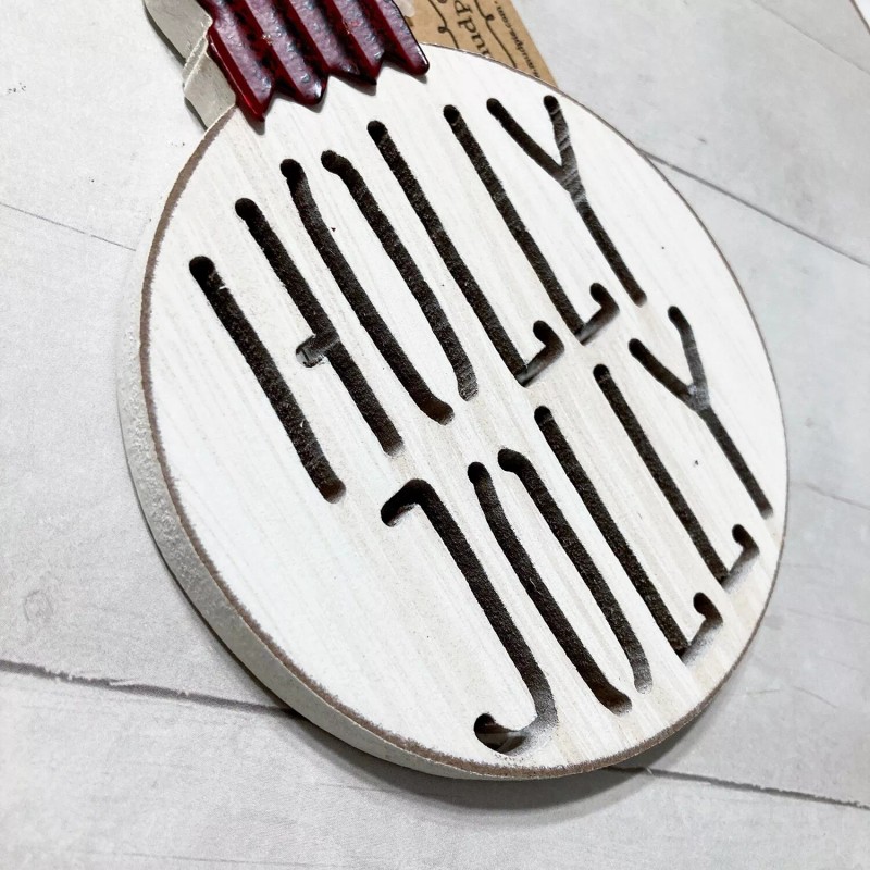 Mud Pie Holly Jolly Christmas Ornament Wood Cutout 4" Rustic