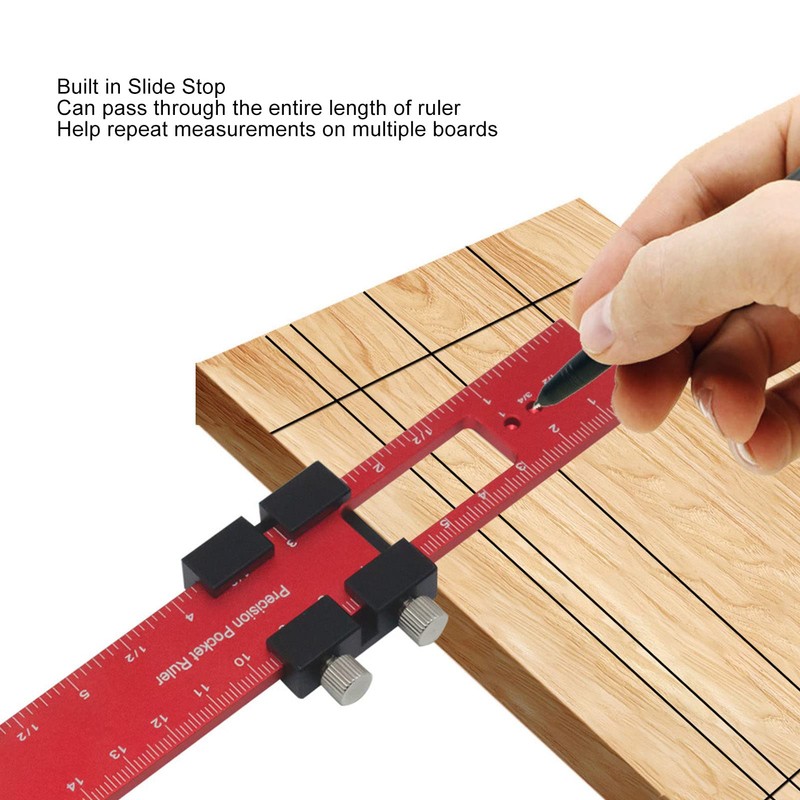 Sliding Woodworking Ruler with Slide Stop for Pocket Measurements