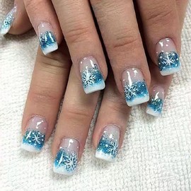 Christmas Press on Nails Medium Square MABKJLF French Tip Fake Nails Blue Gradient False Nails with Designs Snowflake Glitter Glossy Glue on Nails Xmas Acrylic Nails for Women Girls 24 Pcs