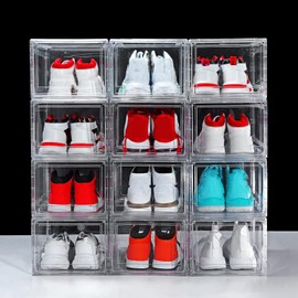 12 Pack Shoe Boxes, Clear Acrylic Plastic Shoe Boxes Stackable, Space-Saving Foldable Drop Front Shoe Storage Boxes Container for With Lids Fits Up to Size 15 (Transparency)