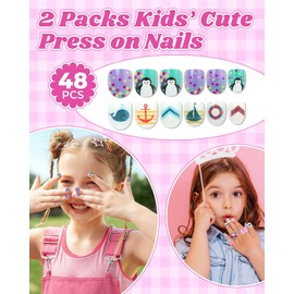 3-6 Years Kids Press on Nails, 48 Pieces (2 Packs) Soft Fake Nails for Toddlers & Little Girls, Safe Reusable Stick on Nails, Cute Full Cover Glitter Nails for Preschoolers, Easy to Apply Nail Art