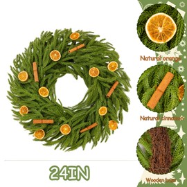24INCH Real Touch Norfolk Pine Wreath, Christmas Wreaths for Front Door with Natural Dried Orange Slices and Cinnamon Artificial Green Wreath Holiday Decoration for Indoor Outdoor Home Decor