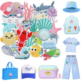 Calkkrer Set of 22 Cute Jellyfish and Whale Iron-On Patches, Navy Cartoon Embroidery Patches, Summer Decoration for Clothes, Jackets, Jeans, Bags, Hats, Shoes