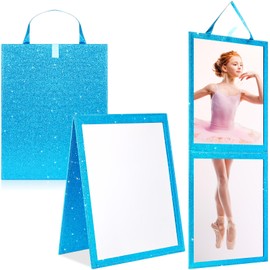Colingmill Foldable Glitter Backstage Mirror with Handle 33. 5X 13. 5 Inch Leather Folding Hanging Mirror Rectangular for Travel Dance Bag Home Fitness Spa Gift for Dancers(Blue)