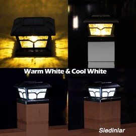 SIEDiNLAR Solar Post Cap Lights Outdoor 2 Color Modes 8 LEDs for 4x4 5x5 6x6 Posts Fence Patio Deck Decoration Warm White & Cool White Lighting Black (2 Pack)