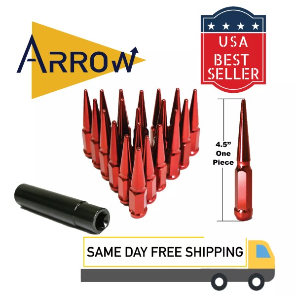 ARROW 32x 4.5" Tall Red M14x1.5 Spike Lug Nuts &