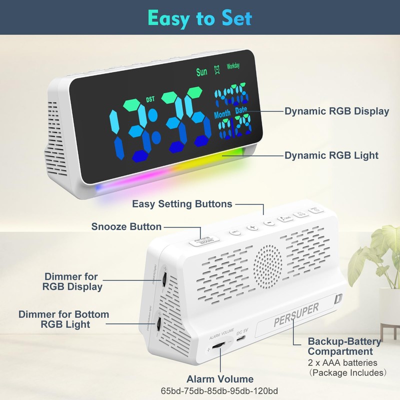 PERSUPER 120db Super Loud Alarm Clock for Heavy Sleepers, Bluetooth
