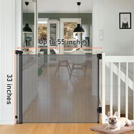 Toumoly Retractable Mesh Safety Gate, Pets Gate, Baby Gate, 33" Tall, Extends to 55" Wide, for Stairs, Doors, Hallways, Indoor/Outdoor (Black, 55 Inches)