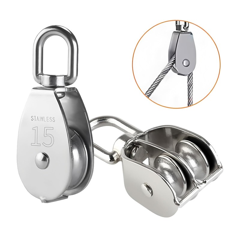 2 Pcs M15 Single Pulley Block and Two Pulley, 304
