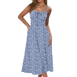 Caracilia Women Summer Floral Corset Midi Sundress Casual Spaghetti Strap Beach Vacation Wedding Guest Milkmaid Dress Pockets Blue White Floral Small