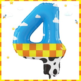40 Inch Giant Toy Inspire Story Theme Number 4 Foil Balloons Large Number Balloons Blue Sky and White Cloud Cow Cartoon Birthday Party Decor Favor Supplies Number 1-4 for Kids' Birthday Party
