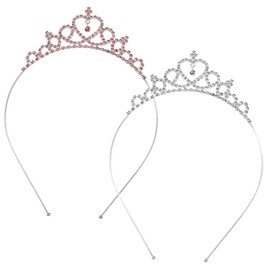 Bruislard 2 Pack Crown Headband for Women Heart Rhinestone Princess Tiara Glittering Crystal Peach Crown Adjustable Non-Slip Birthday Headpiece for Wedding Party Hair Accessories(Silver, Pink)