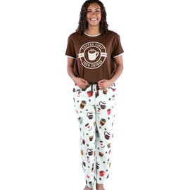 Lazy One Women's Pajama Set, Short Sleeves with Cute Prints, Relaxed Fit, Coffee (Coffee First, Large)