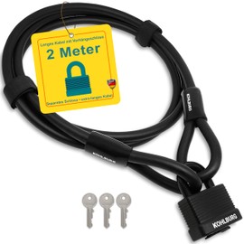KOHLBURG Cable Lock 2 m Long - Lock with Key Easy Click - 2 Metre Loop Cable for Bicycle & Garden Furniture - Steel Cable 200 cm as Bicycle Lock, Bicycle Trailer & Pram