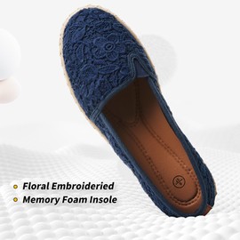 BABUDOG Women's Black Flats with Flower Embroideried,White Lace Ballet Flats,Comfortable Dress Flats(Navy Blue.US9)