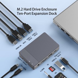 ISHEEP KH1005 M.2 SSD Enclosure with 10-in-1 Hub Docking Station, 4K HDMI, RJ45, USB 3.1 Gen2, 100W PD, Type-C 10Gbps, SD/TF Card Reader, USB 2.0, 3.5mm Audio, Aluminum Alloy for SATA/NVMe M.2 SSDs