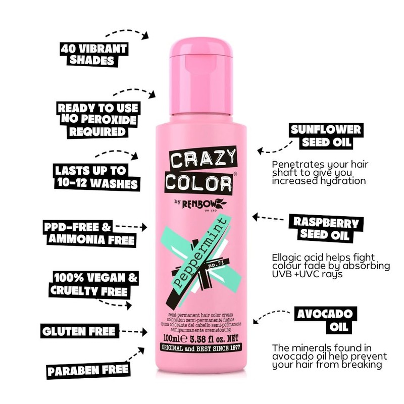 Crazy Color Pastel Peppermint Semi-Permanent Hair Dye. Highly Pigmented Minty
