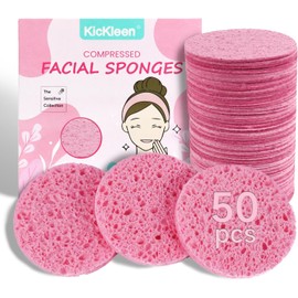 "kickleen "Esponjas faciales comprimidas de 50 unidades, Esponjas de spa cosméticas de celulosa 100% natural Kickleen para limpieza facial diaria, Eliminación de maquillaje y mascarillas, Exfoli