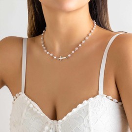 Allereya Vintage Pearl Station Necklace Boho Pearl Choker Necklace Floating Pearl Necklace Gold Cross Pendant Necklace Jewellery for Women and Girls (Gold), Zinc, No Gemstone