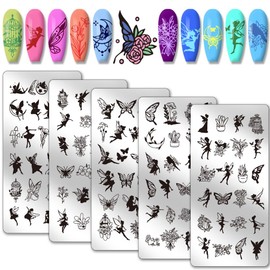 PH PandaHall 5 x Angel Fairy Nail Art Stencils, 120 Patterns Elf Butterfly Plant Nail Stamping Plate Nail Art Stencils Stainless Steel Nail Picture Plates for Nail Design Print Manicure Salon