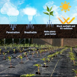 Sunocity 4ft x 50ft Durable Weed Barrier Fabric, 3.2oz Heavy-Duty Landscaping Fabric, Permeable Ground Cover for Garden, Lawn, and Outdoor Projects, Easy to Install, with 15 Staples