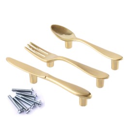 3Pcs DIY Creative Spoon Fork Knife Kitchen Cabinet Closet Drawer Door Pull Handles Knobs, 3 Inch Center to Center (Gold)
