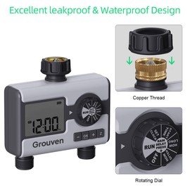 Grouven Water Timer for Garden Sprinkler Hose Timer with Rain Delay, Manual, Automatic Watering System Programmable，2 Outlet